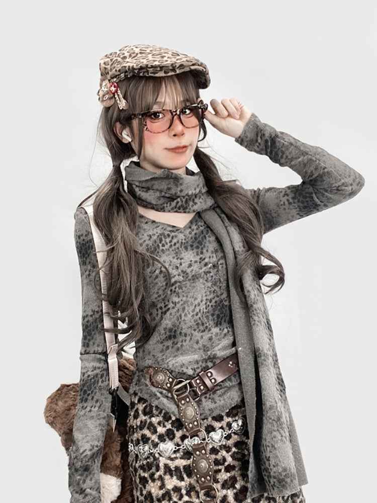 Grey Leopard V-neck Top with Scarf