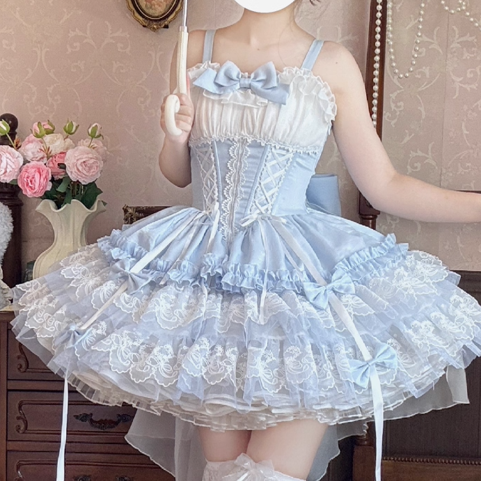 Mehrlagiger großer Balletcore-Schnürrock mit entbeinter Taille, süßer Lolita-Pullover, Schleppe, Schleifenrock, blau-weiß mit Saumspitze und