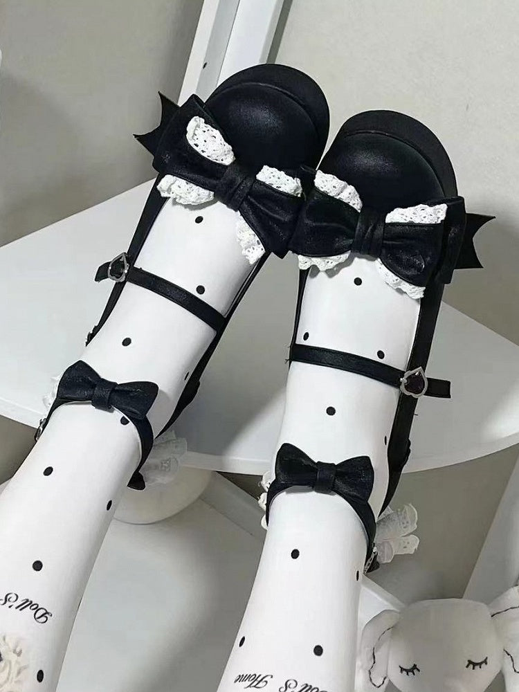 - Platforms Black Bow-Embroidered Heel Sweet Lolita