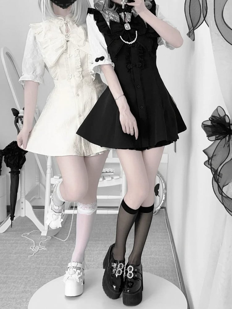 Tie+Hairclips Y2K Sleeves Dress+Shorts+Bow Kei Set-Cheongsam Collar Short White Jirai