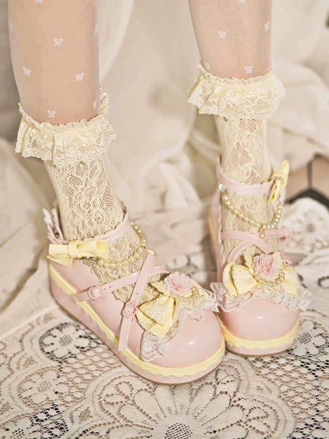 Floral at Platforms Heart Bow Design Beaded Buckle Chain Detachable Pink Lace With Trim Top