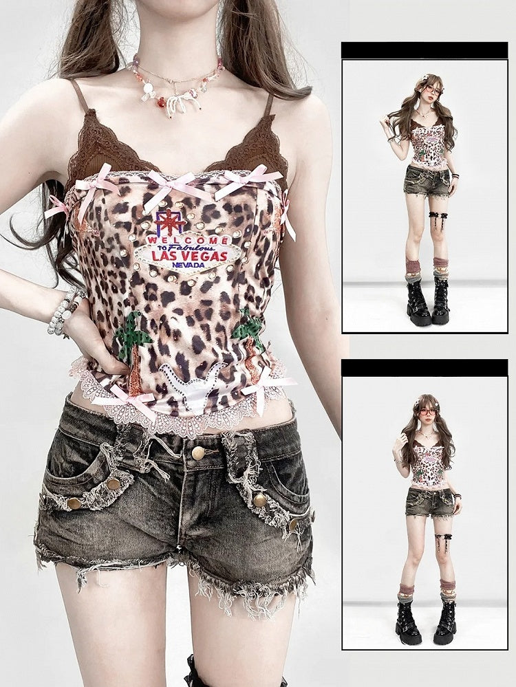 Strapless Leopard Pattern Top Padded Cups Cami Brown Pink With