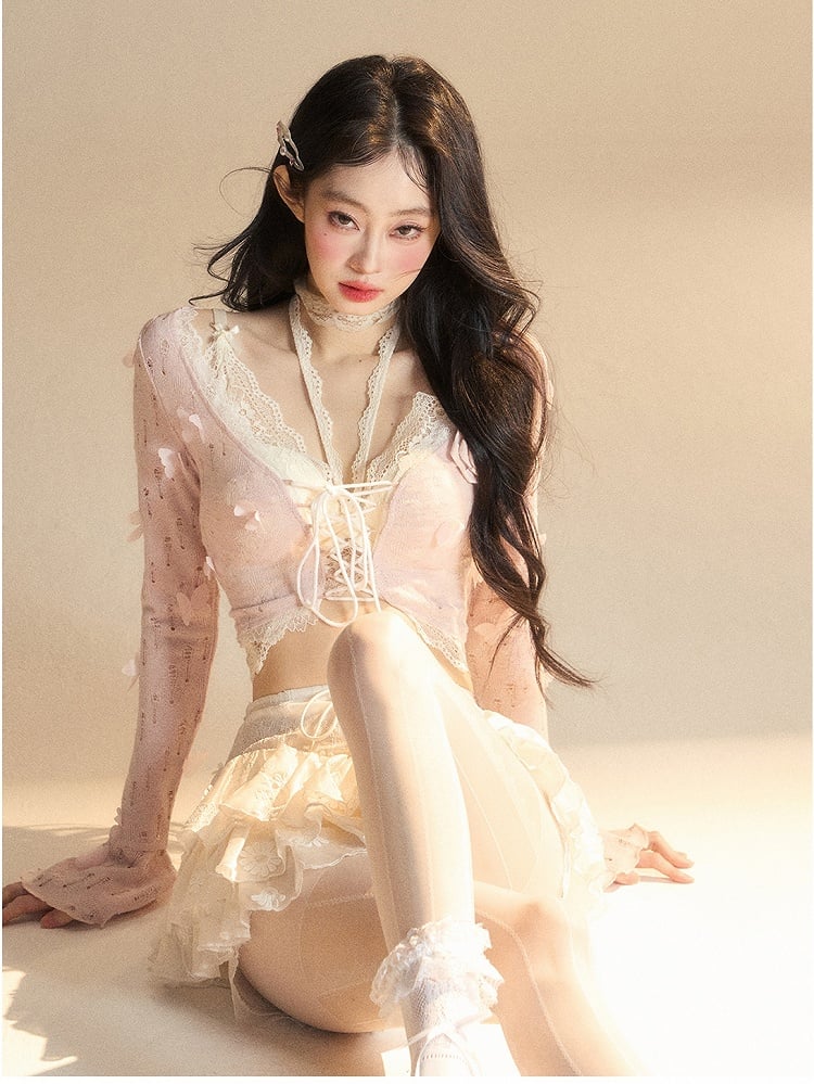 Cropped Top Floral Pink Bell Sleeves Butterfly Glamorous and Set With Top Embellished Lace
