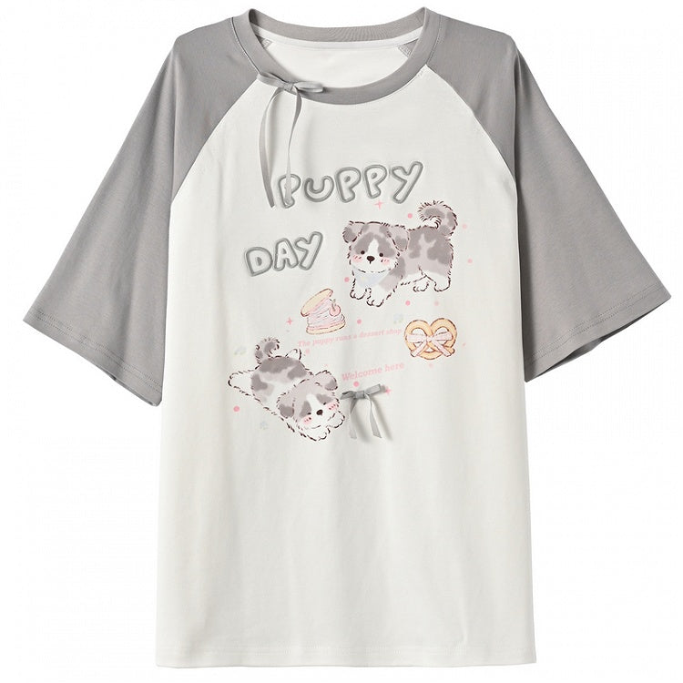 Gray Adorable Puppy Print Bowknot Long/Short Detail Version T-Shirt