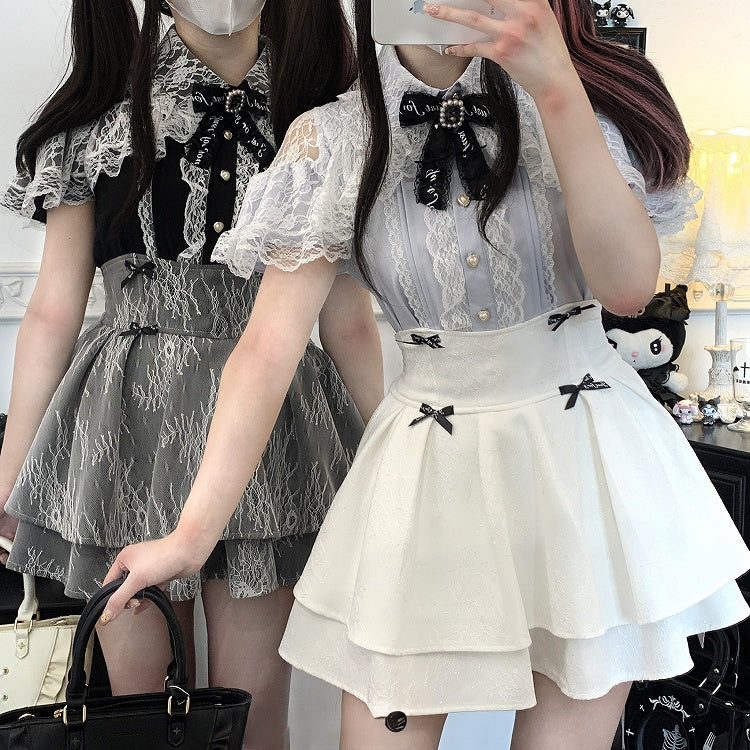 Jirai Kei Black/Blue/White Cutout Shoulder Cape Design Lace Blouse