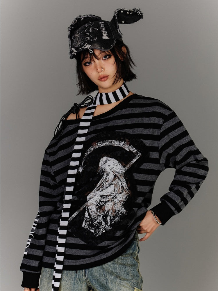 Black Gray Stripes Applique Design Asymmetrical Neckline Drawstring Punk Top