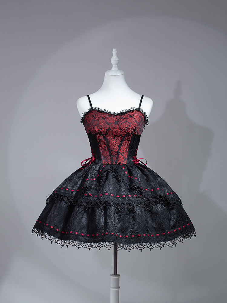 Schwarz-rote Rosenperlenkette Gothic Lolita Puffy Kleid Pulloverrock