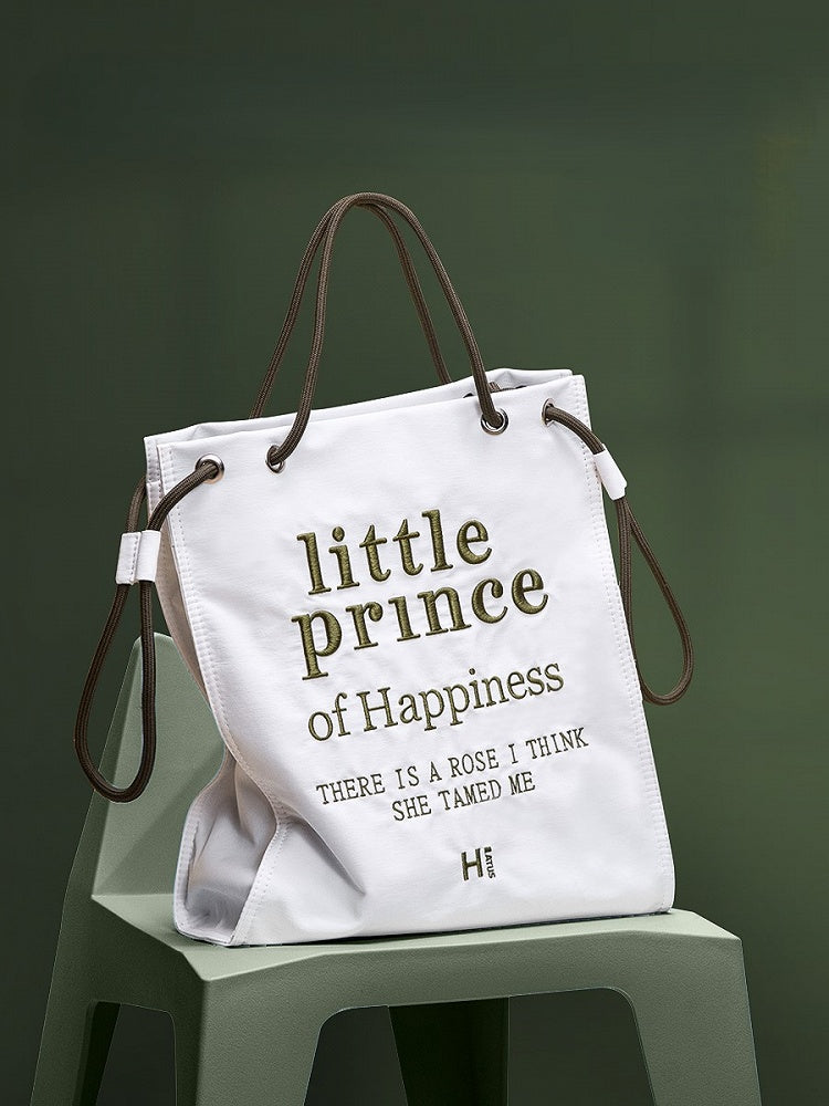 Tote Bag with Zipper Closure And Drawstring Strap Chic White Green Alphabet Embroidery