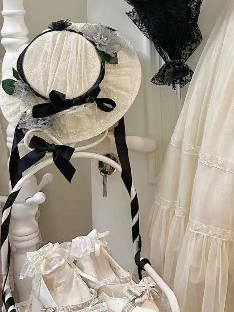 Elegant / Hut Lolita Blumenmuster Beige Schwarz