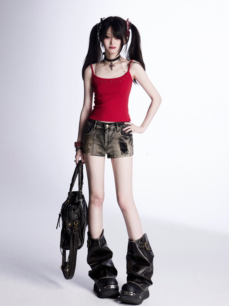 Glamorous Denim Shorts Waist Cross Studs Distressed Black Low