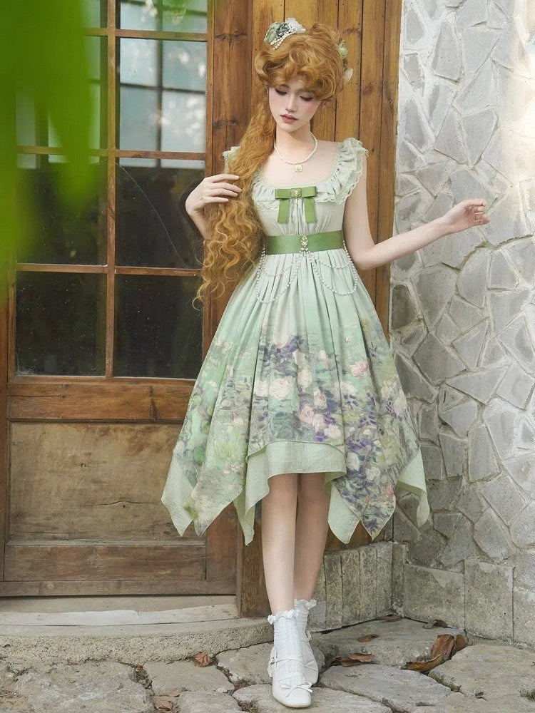 Taillenpullover Ölsaum Taschentuchrock Lolita Print Empire Grüne Malerei