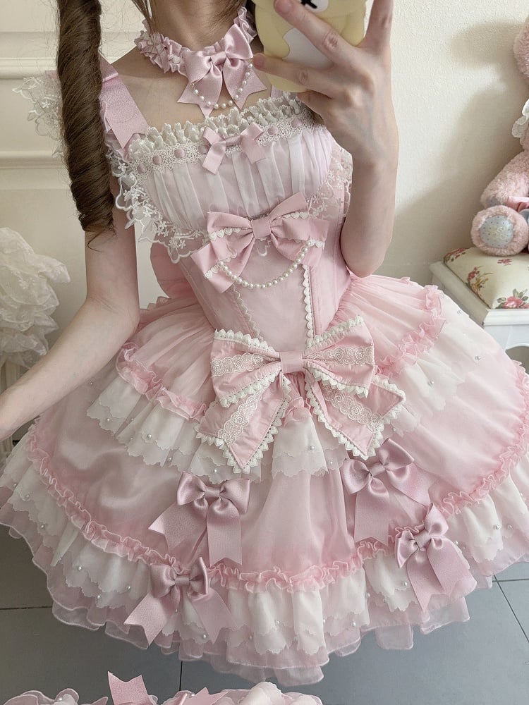 Akzente Prinzessin Details Schleife Kleid Lolita und Perle Rosa Süß