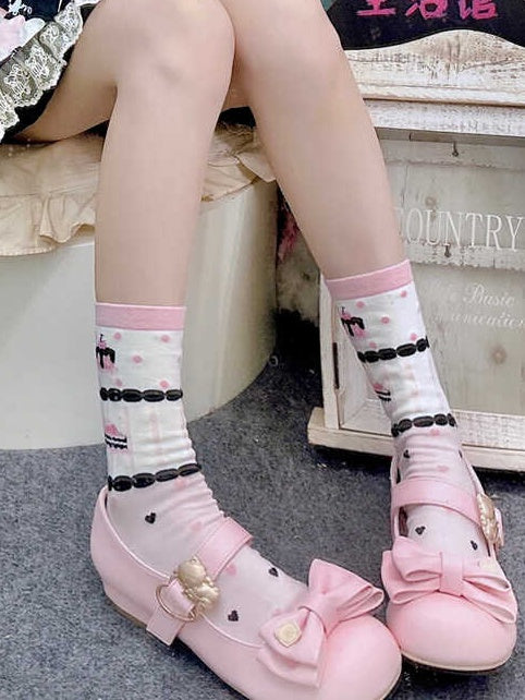 Süße Lolita Cake Erdbeer-Wadensocken mit Schleifenmuster