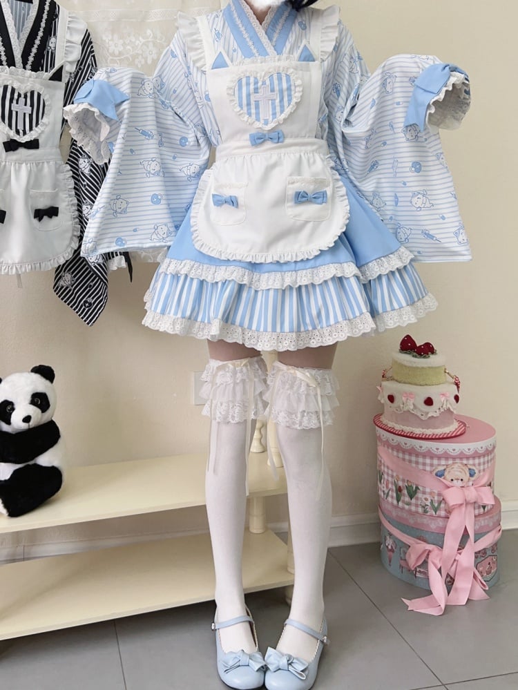 ブルーストライプのリトルゴーストプリントトップス + ティアードスカート + エプロン和ロリータセット