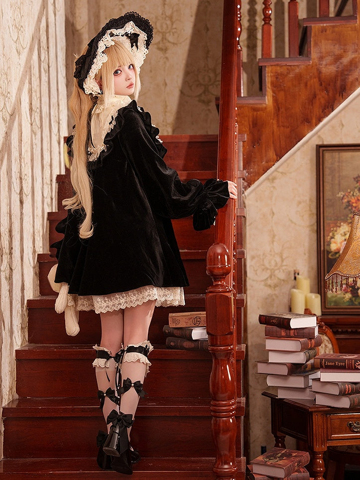 Lolita High Dress Black Big Long Bow Neck Ruffled Sleeves Velvet Sweet