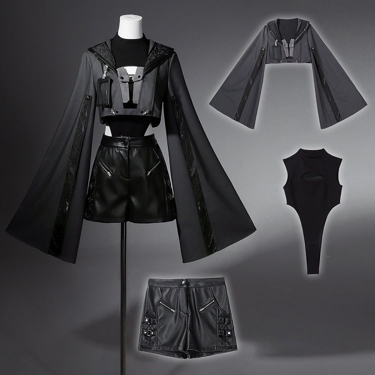 Sleeves XL Overlong Ouji Bodysuit Size Leather Exclusive + Futuristic Shorts Outfit Techwear Black Jacket Cropped Lolita -