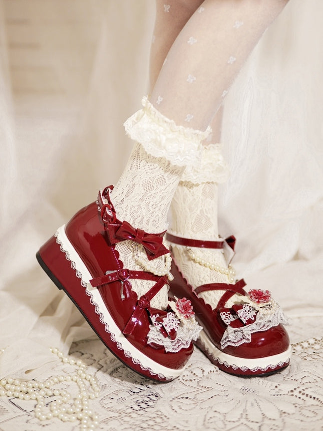 Floral at Lace Design Buckle Top Detachable With Heart Trim Chain Beaded Red Bow Platforms