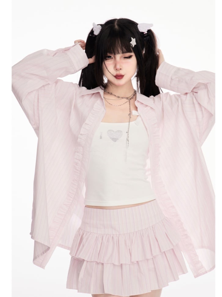 ウエストティアードストライプスカート ピンク ロー