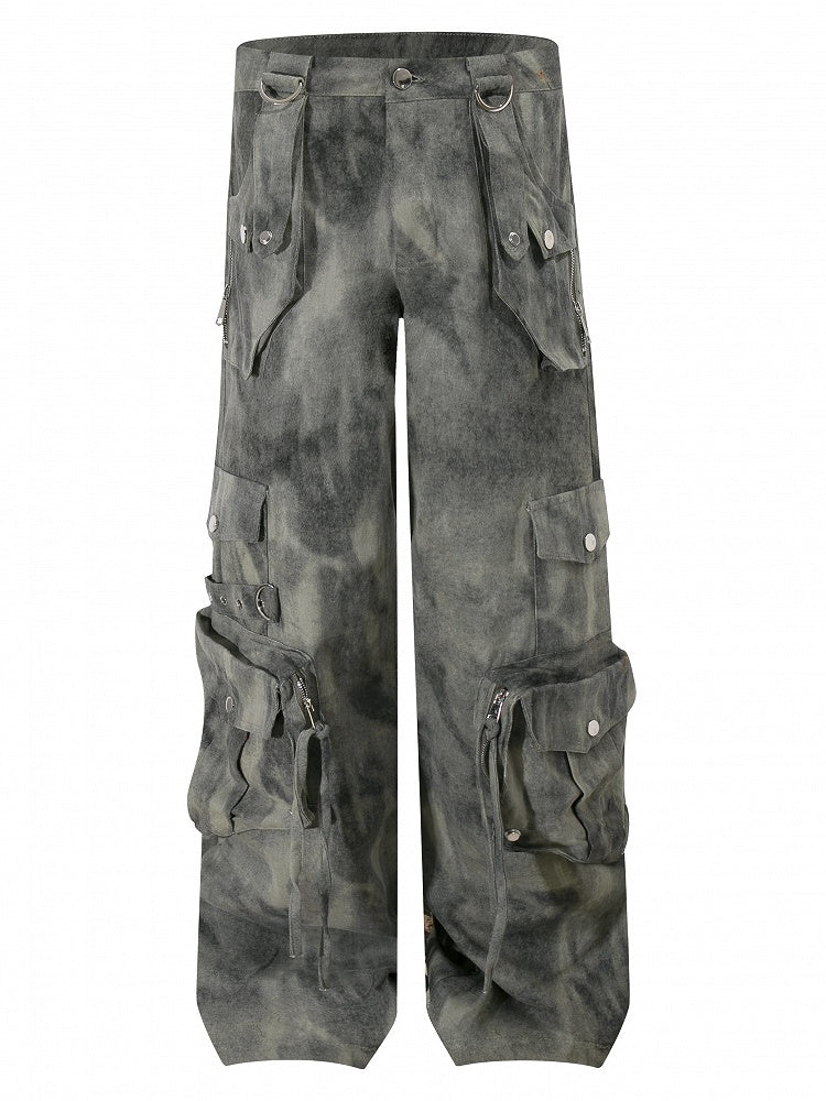 Gray/Green Faded Vintage Dark Wash Wide-Leg Cargo Jeans with Zippered Cuffs