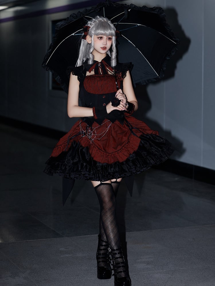 Lolita Halloween Gothic Kordelzug mit schwarzem Muster und Taille, gestreiftes rotes Kleid