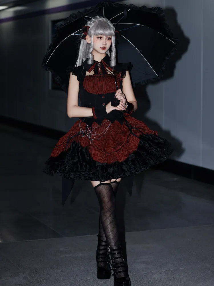 Red and Black Boned Waist Drawstring Striped Pattern Hem Halloween Gothic Lolita Dress
