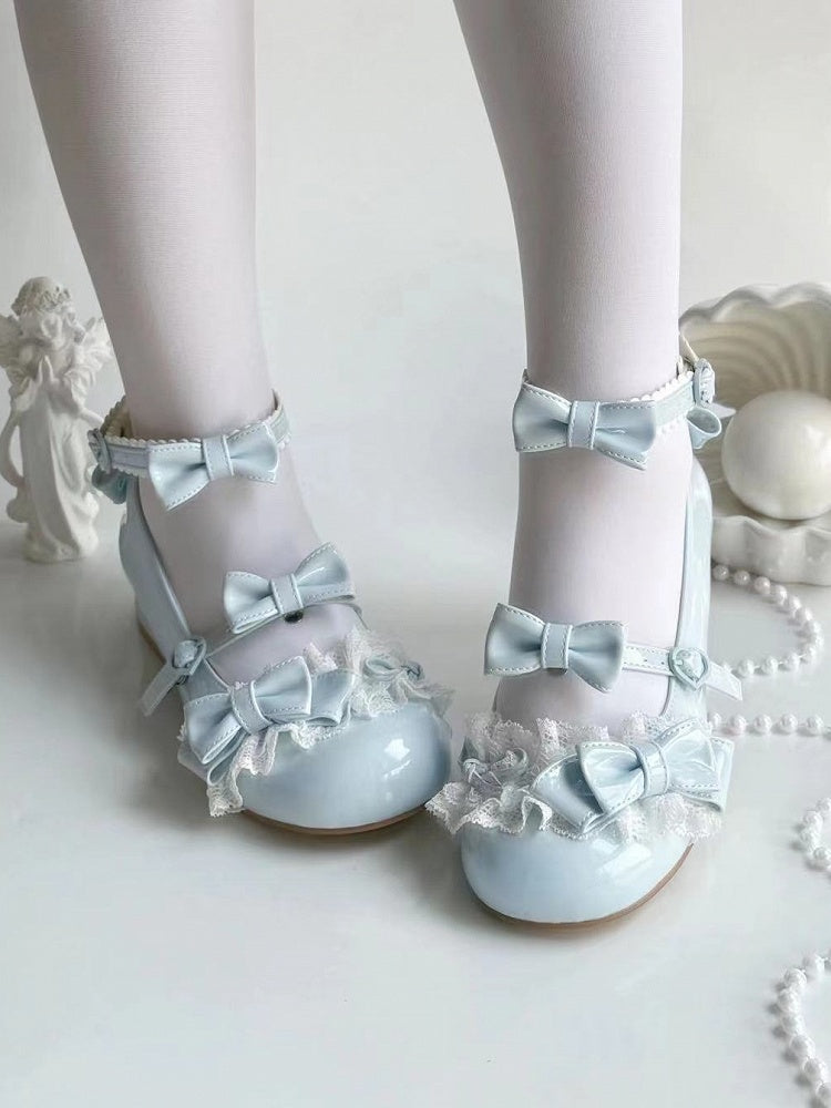 Lolita - Schnallen-Schleifendetails Jane Low Lace Schuhe Herzförmige Mary mit und blauem Absatz Süß