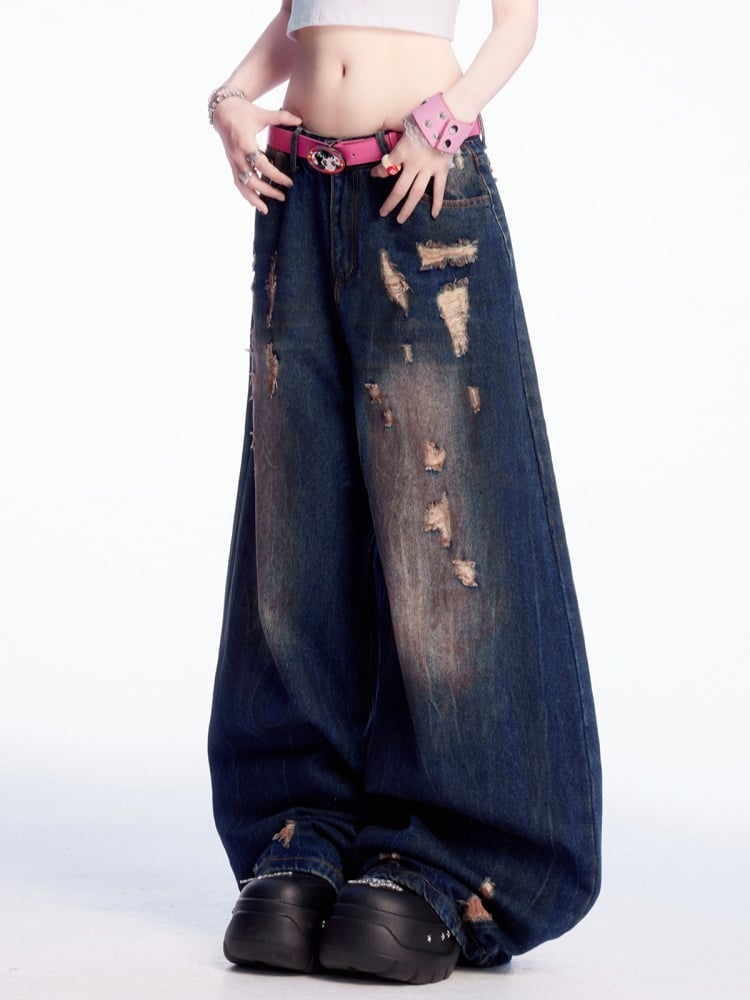 Dark Blue Low Vintage Wide-leg Jeans Waist Distressed Holes