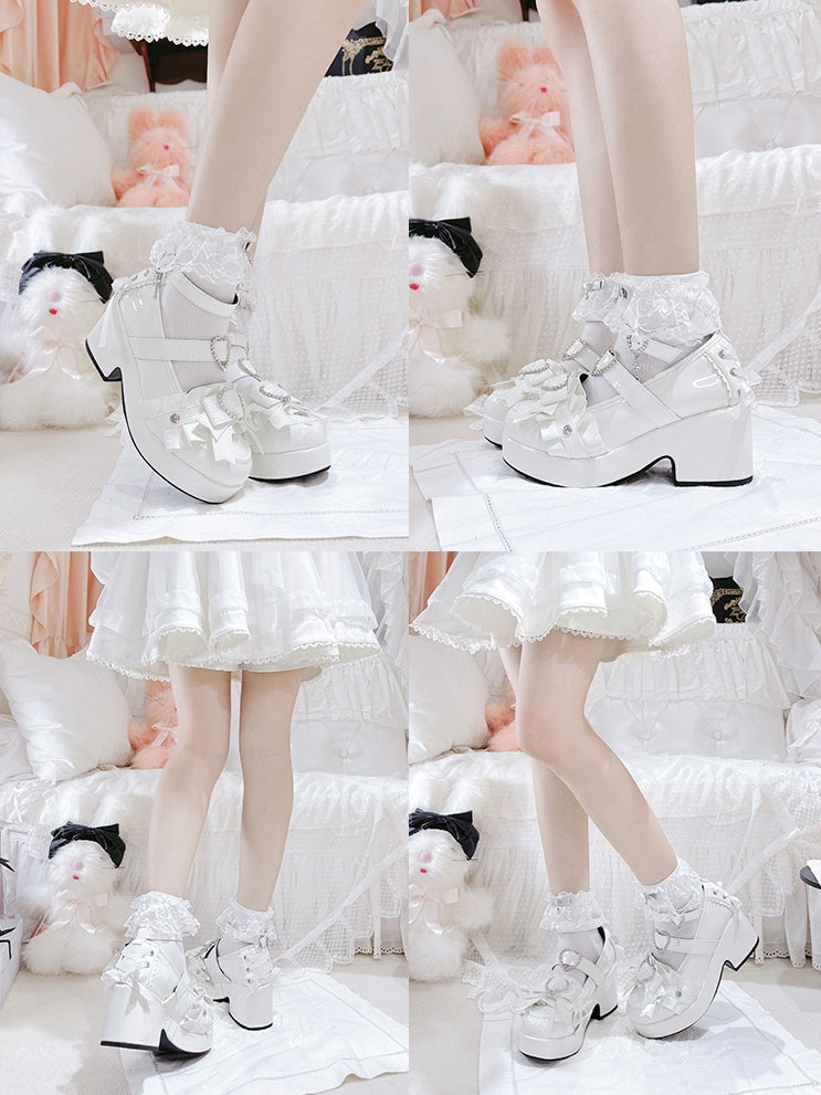 Decorated Platform Lace-up Heels Jirai Heart Polished White Details High Rhinestone Block Kei