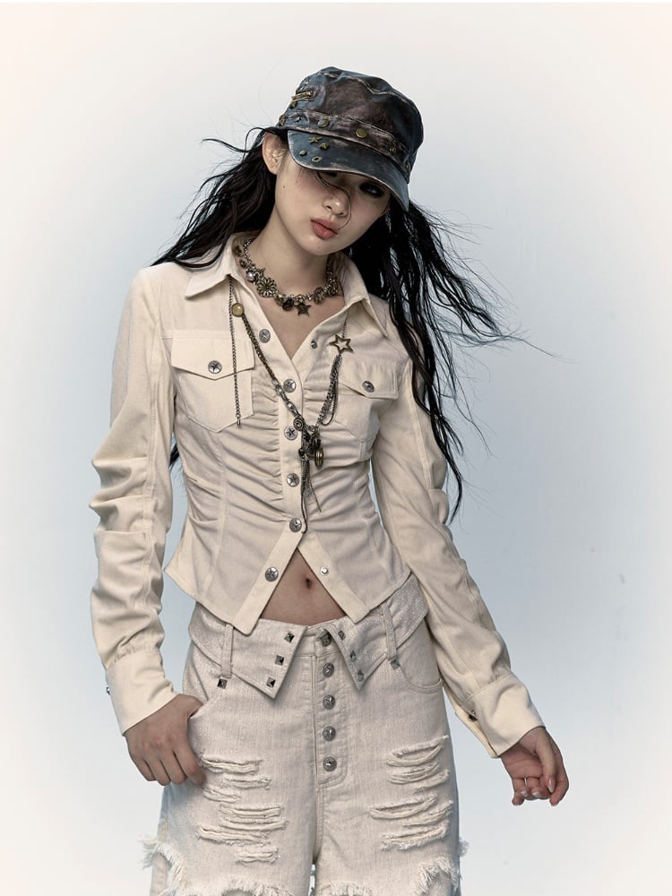 Chemise courte froncée abricot