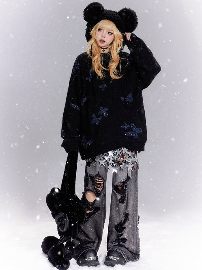 Schwarzer Pullover mit Schmetterlings-Strass