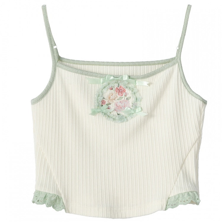Floral Embellished Cami Top Embroidery Bowknots White Cropped