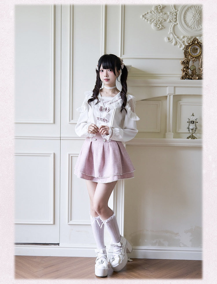 Pink White Rhinestones Bowknots Blouse Jirai Kei Sailor Collar Ruffled Lace Trim