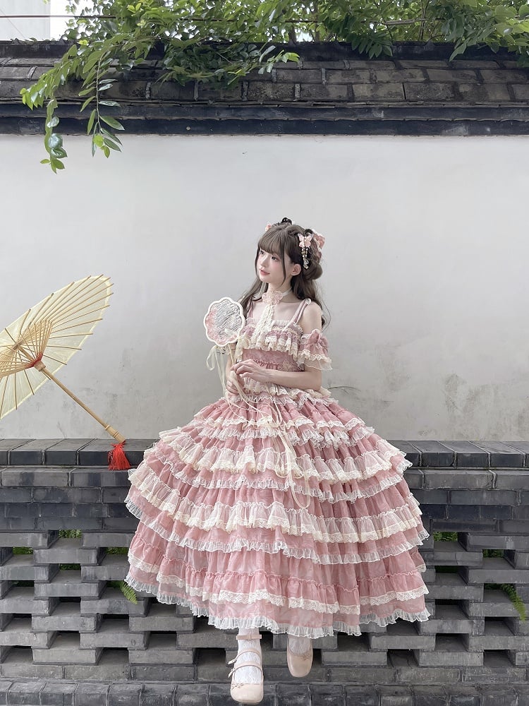 Sweet Dress Pink Adjustable Multi-Layered Ruffle with Lolita and Straps Goldfish Embroidery