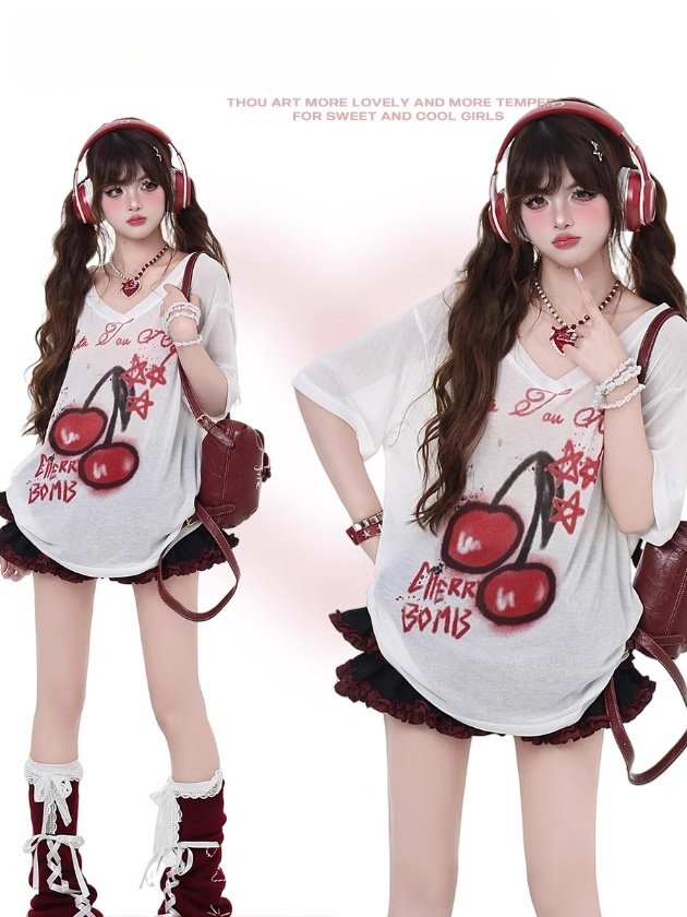 T-Shirt White Semi-Sheer V-Neck Cherry Print Sun Protection Bittersweet