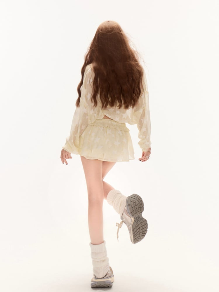Waist Mini Skirt Yellow Allover Drawstring Star Print