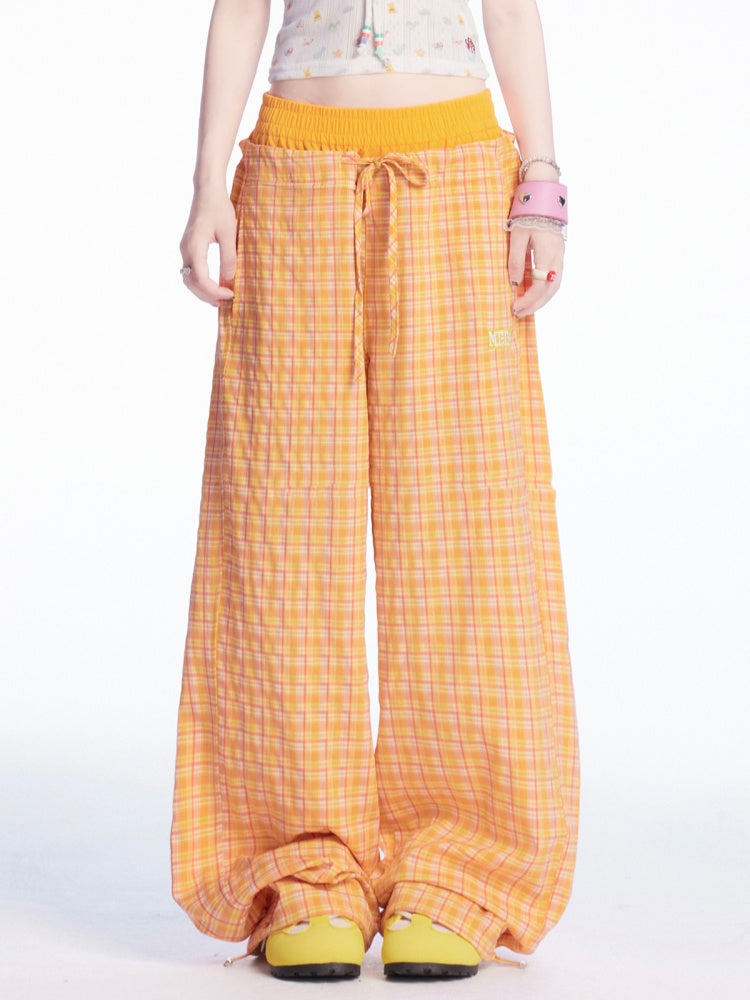 Drawstring Cuffs Wide-leg Casual Pants Orange Plaid Elastic Waist