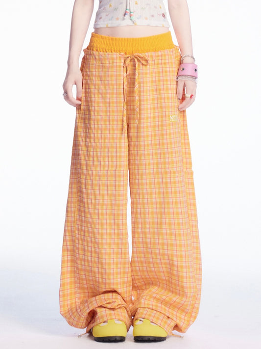 Drawstring Cuffs Wide-leg Casual Pants Orange Plaid Elastic Waist
