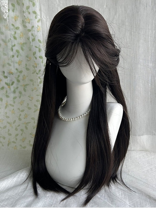 Black Tea Waist Length Straight Synthetic Wig With Curtain Bangs