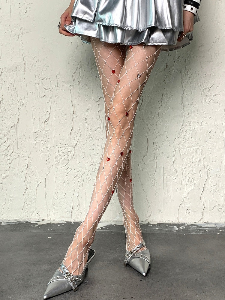 Herzverzierte Y2K Strumpfhose mit Strassdetails, Weiß/Schwarzes Netz