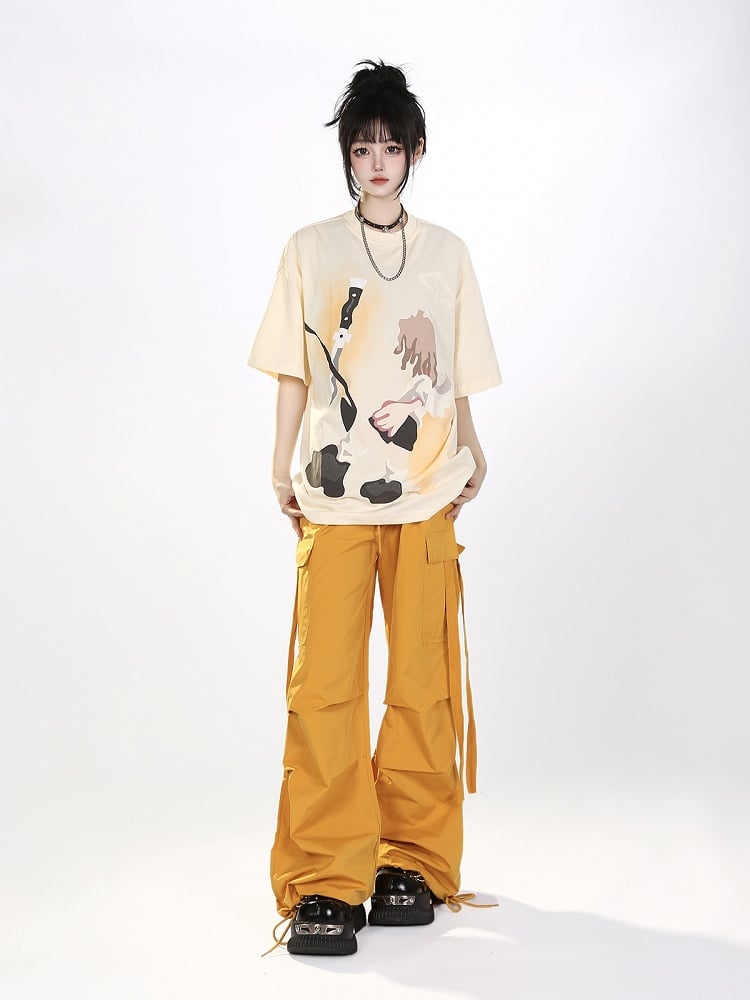 Yellow Cargo Wide-Leg Pants with Drawstring Accents Mustard