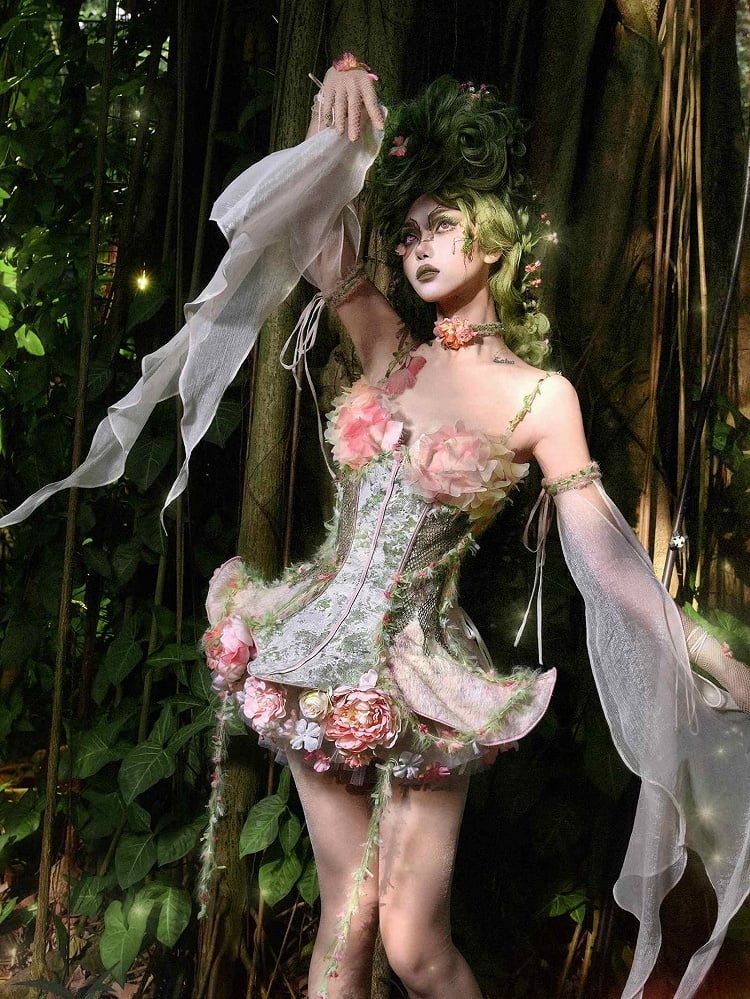 Straps Boned Floral Design Fairy Vine Green Top Pink Spaghetti and Goth Corset