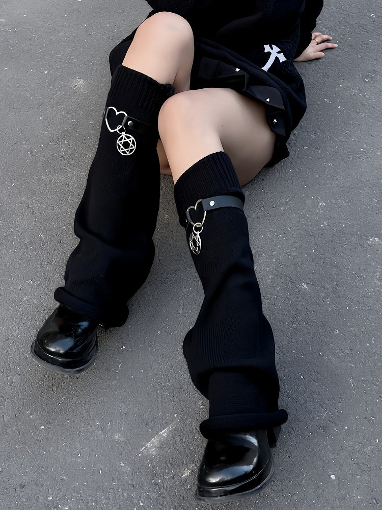 Y2K Black Pentagram Charm Strap Design Knit Leg Warmers