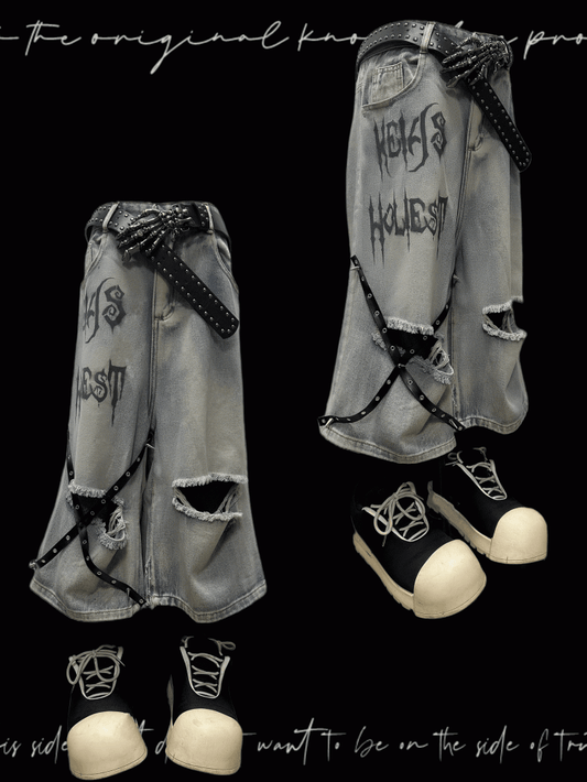Blue Criss-cross Straps Design Distressed Holes Punk Jeans Y2K