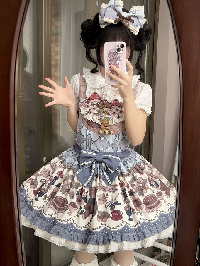 Print Embroidery Overall Sweet Blue Teddy Dress Mushroom Lolita Neckline