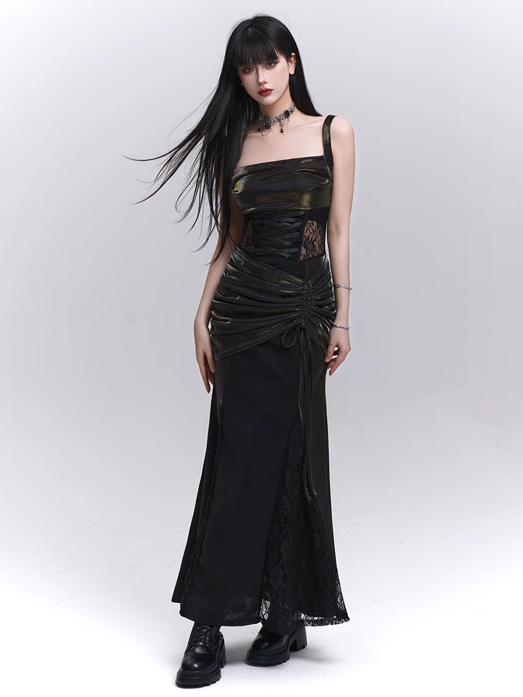 Waist Drawstring Black Lace Hip Sleeveless Dress Patches