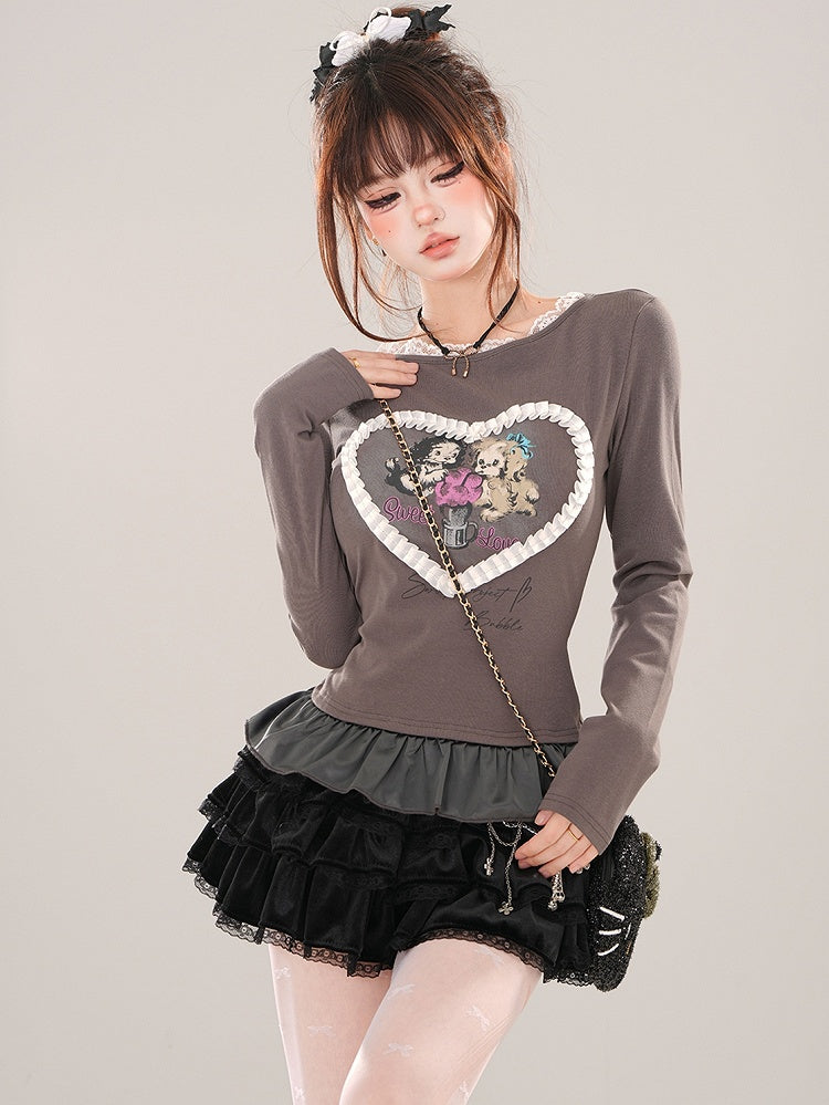 グレー/ホワイト パピーズプリント フリルヘム スリムフィット Tシャツ