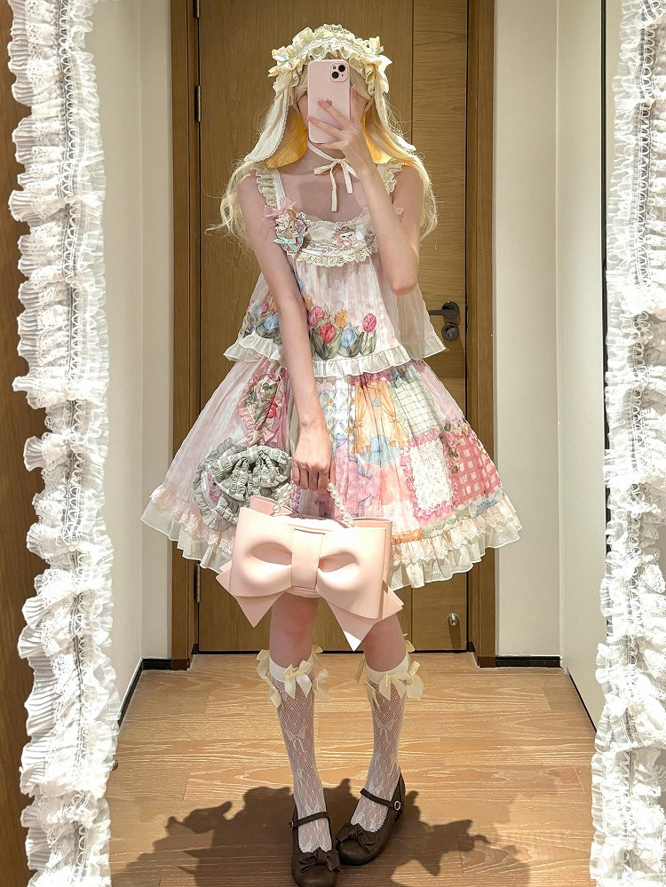 Cottagecore Patchwork Print Sweet Lolita Skirt with Detachable Straps Short Version