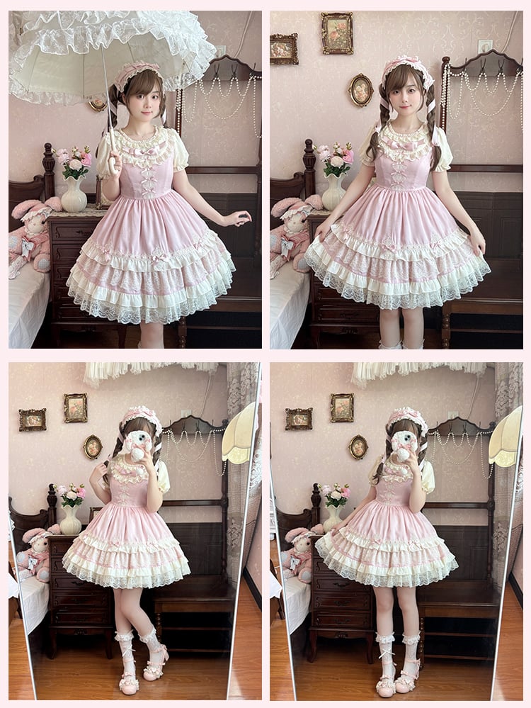Süßes Lolita-Kleid mit Puffärmeln, Schleife, leichten Details, rosa OP, gestufter Spitzenbesatz