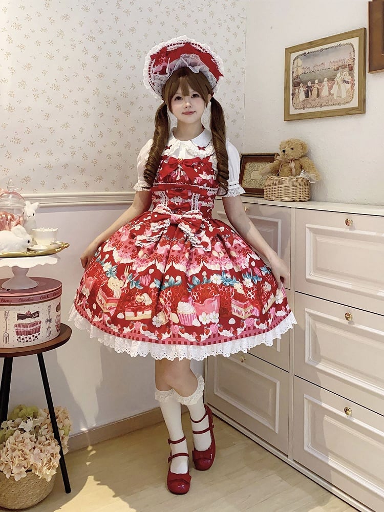 Sweet and Strawberry Print Lolita Dessert Dress Red