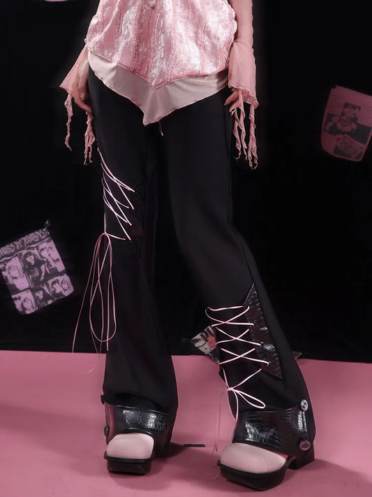 Flared Detail Lace-up Pants Black